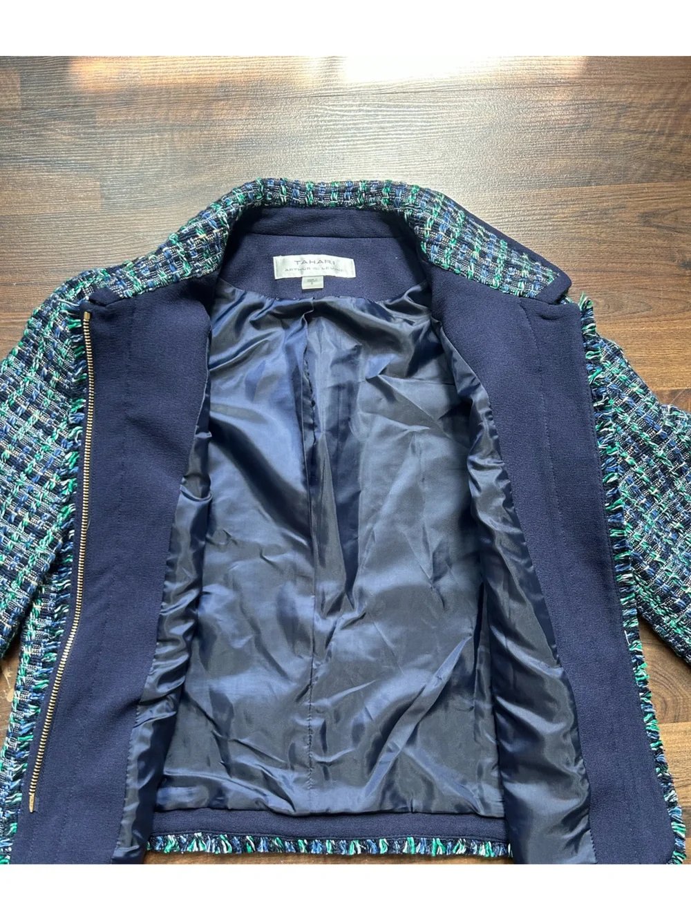 Textured Navy and Green Tweed Women's Blazer and Skirt Set | 6